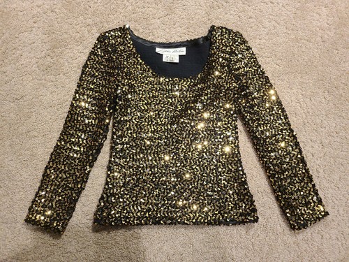VINTAGE 1980’S DESIGNER LILLIE RUBIN BLACK GOLD SEQUIN BLOUSE ENGLAND - Picture 2 of 5