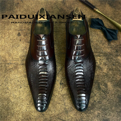 British Pointed Toe Mens Real Leather Formal Dress Lace Up Shoes Crocodile Print