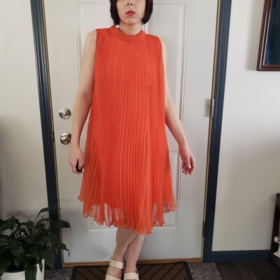 orange trapeze dress 60s Orange Pleated Trapeze Dress