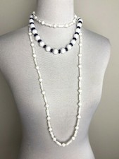 Vintage White Necklace Strands Acrylic Plastic Blue Beads Multi Strand Retro