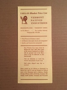 Vintage 1968-69 VERMONT NATIVES INDUSTRIES Blanket Price List, Bridgewater, VT