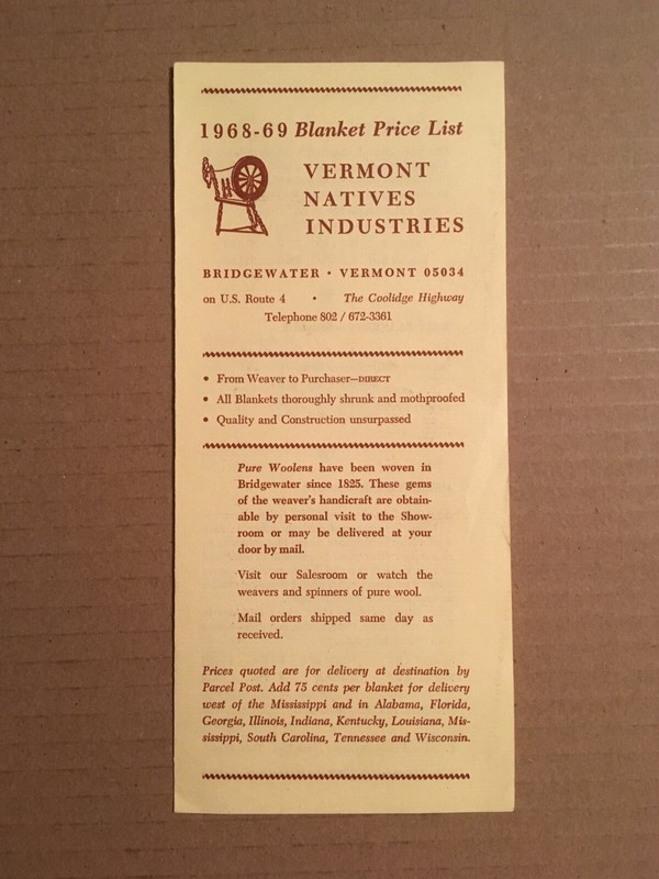 Vintage 1968-69 VERMONT NATIVES INDUSTRIES Blanket Price List, Bridgewater, VT