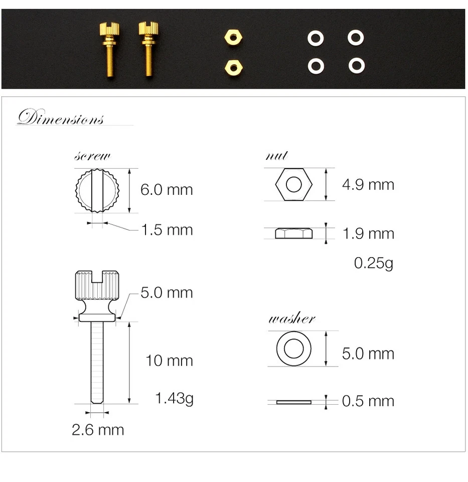 GOLD PLATED BRASS THUMB Screws 10mm Cartridge Headshell Mounting Set turntable - Image 3 of 4