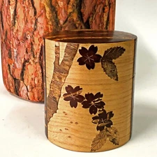 Japanese Tea Caddy Cherry Bark Wooden 2 Tone Matcha Tin Metal Box Canister Te8