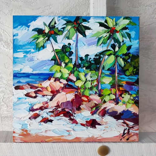 Original oil painting Laguna beach seascape artwork Ocean Palm trees art 6*6 in - Picture 7 of 8