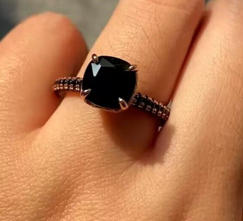 2.0CT Cushion Cut Black Lab-Created Diamond Engagement Ring 14K Rose Gold Plated