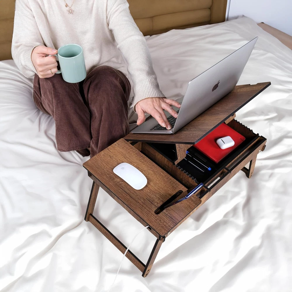 Adjustable Foldable Laptop Stand for Bed with Built-In Storage Tray  