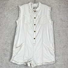 Pilcro ANTHROPOLOGIE Linen Cotton Romper Womens M Fringe Snap Button Ivory