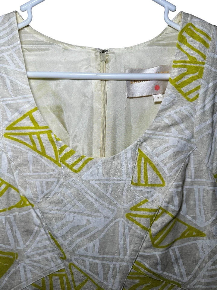 Платье цельнокроеное Anthropologie Lauren Moffatt богемное льняное шелковое выше колена желтовато-коричневое зеленое 2 - Изображение 3 из 4