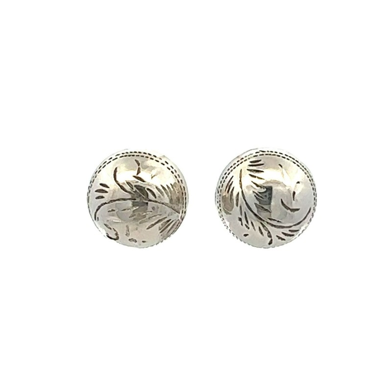 Designer ND Sterling Silver Chased Dome Button Earrings Round Pierced Studs