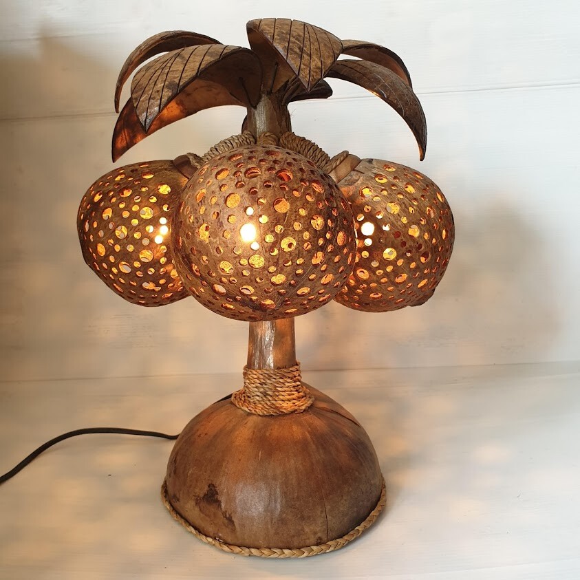 Coconut Tree Sculpture Table Lamp 3 Shades Coconut Shell Tropical
