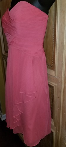 David’s Bridal Sz 4 Coral Chiffon Dress Cross Over Pleat Bodice Strapless Ruffle - Picture 7 of 9