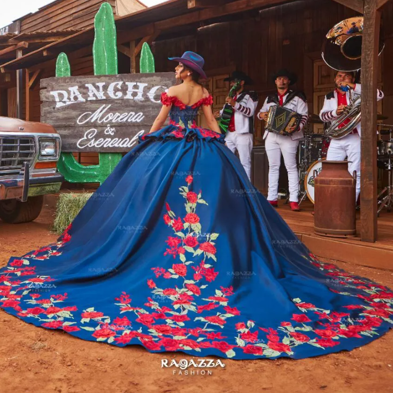 Royal Blue Charro Mexican Princess Quinceanera Dresses Off Shoulder Floral  | eBay