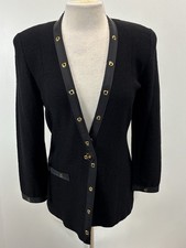 Vtg Steve Fabrikant Knit Cardigan Blazer Womens 8 Black Gold Wool Blend 90s USA