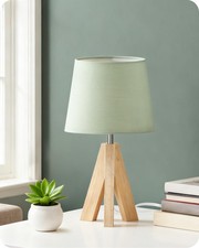GOEBLESON Tripod Table Lamp, Small Bedside Lamp with Wood Base  Green Fabric...