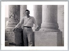 Vtg B&W Snapshot Man By Stone Columns 1946