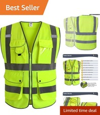 9 Pocket High Visibility Safety Vest - ANSI Certified Reflective Vest, Large ...