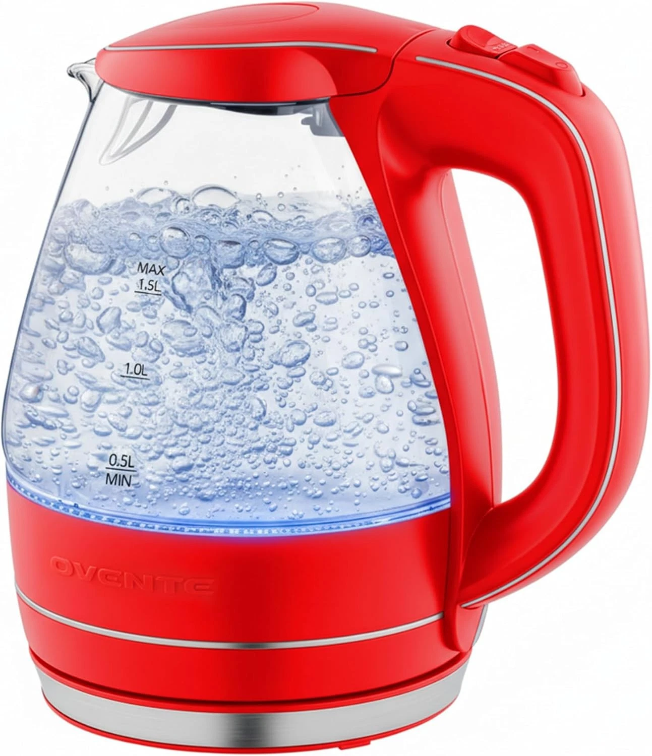 OVENTE 1.5L Glass Electric Kettle BPA Free Auto Shut Off Red Fast Boil Tea Maker