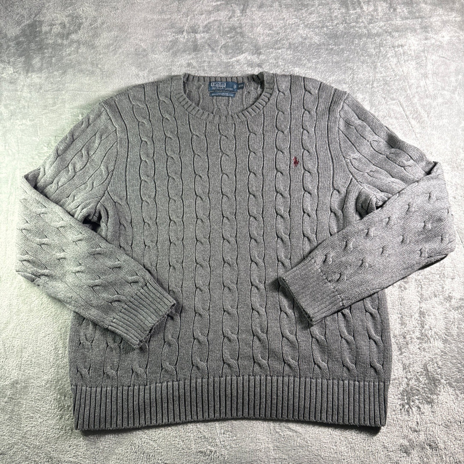 VTG Polo Ralph Lauren Fisherman Cable Knit Crewneck Sweater Mens XXL Gray