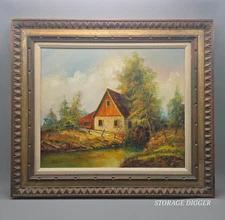 VTG Watermill Cottage Landscape Oil Painting Canvas Nilsen Signed Framed 32x28"