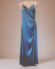 Petrol Blue Slip Maxi Dress Wrap Over Plunge Front Sateen Feel Size 12 Ex Cond