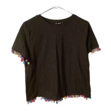 SHEIN SIZE LARGE BLACK SLUB COTTON SHORT SLEEVE T SHIRT WITH POM POM TRIM