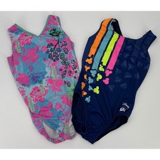 Lot of 2 Disney GK Elite Gymnastics Leotard Adult Size L Floral Blue Pink Mickey