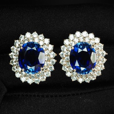 Gleaming Vivid Blue Sapphire 13.60Ct 925 Sterling Silver Rose Gold Halo Earrings