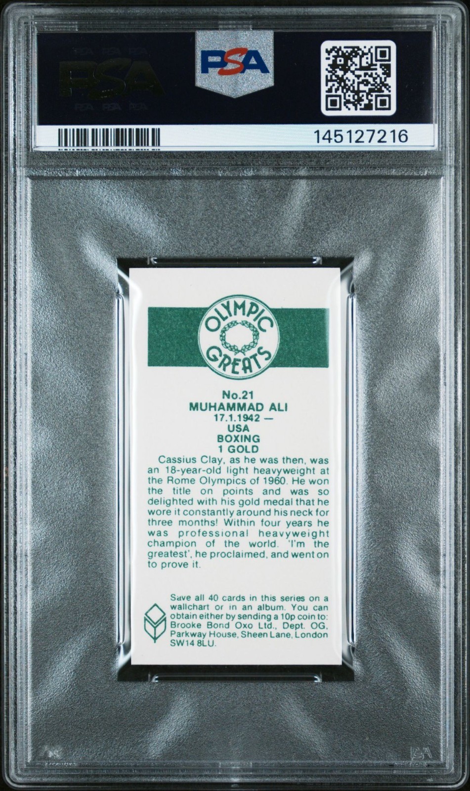 1979 BROOKE BOND & CO. OLYMPIC GREATS #21 MUHAMMAD ALI PSA 9 MINT BOXING view 2
