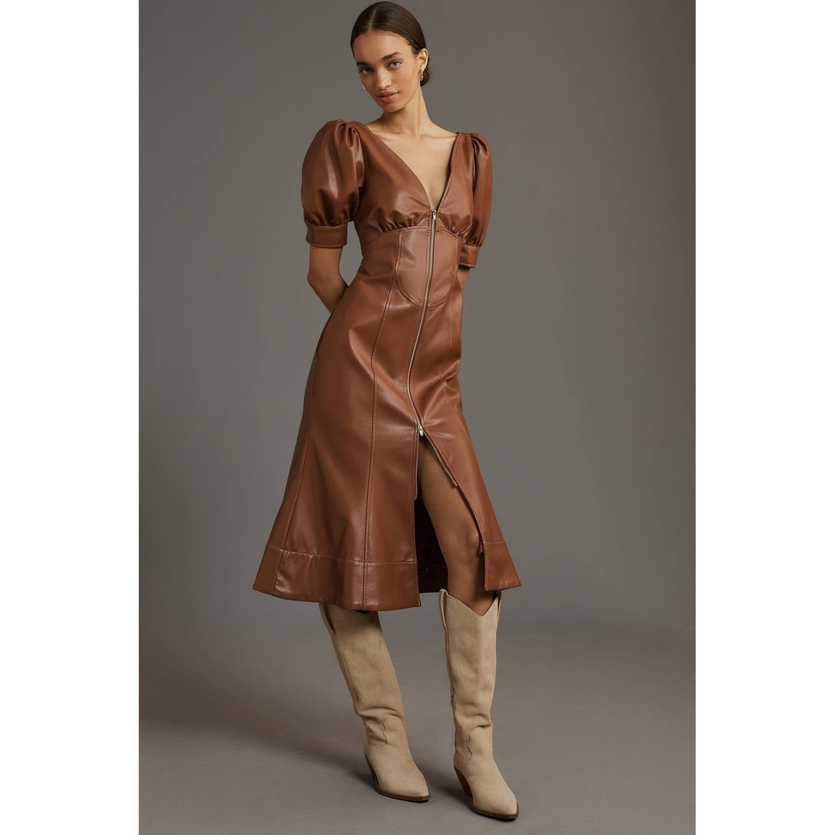 Anthropologie Faux Leather Midi Dress Brown Puff Sleeve Zip Front US 8 EU  40 | eBay