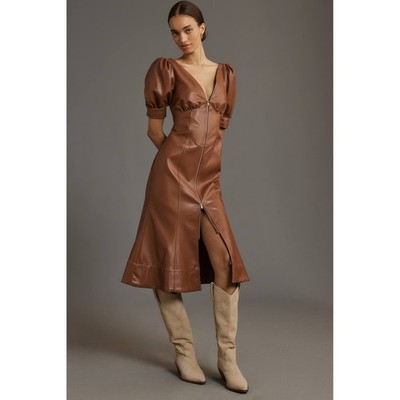 Anthropologie Faux Leather Midi Dress Brown Puff Sleeve Zip Front US 8 EU 40