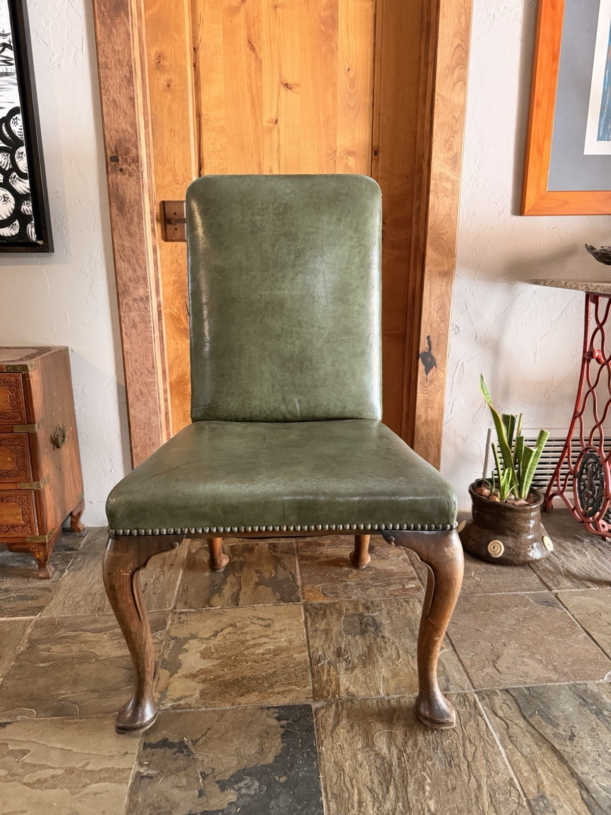 Queen Anne Cabriole Legs Green Leather Brass Nailhead