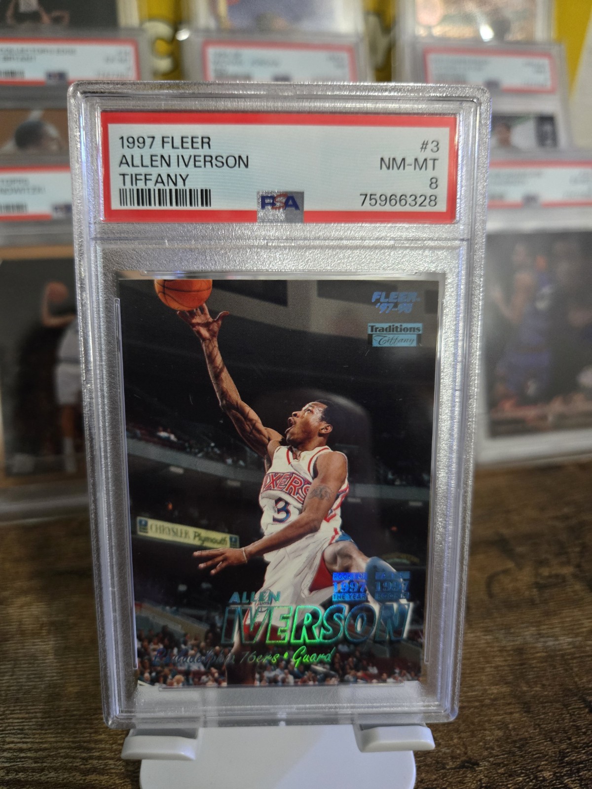 🔥 Allen Iverson TIFFANY 👀 1997 Fleer 3 PSA 8 NM-MT LOW POP Sixers NBA H0F POBA