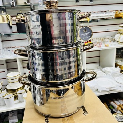 Premium Edelstahl 3er Set Kasserolle Suppentopf mit Kupfer Glas Deckel UK