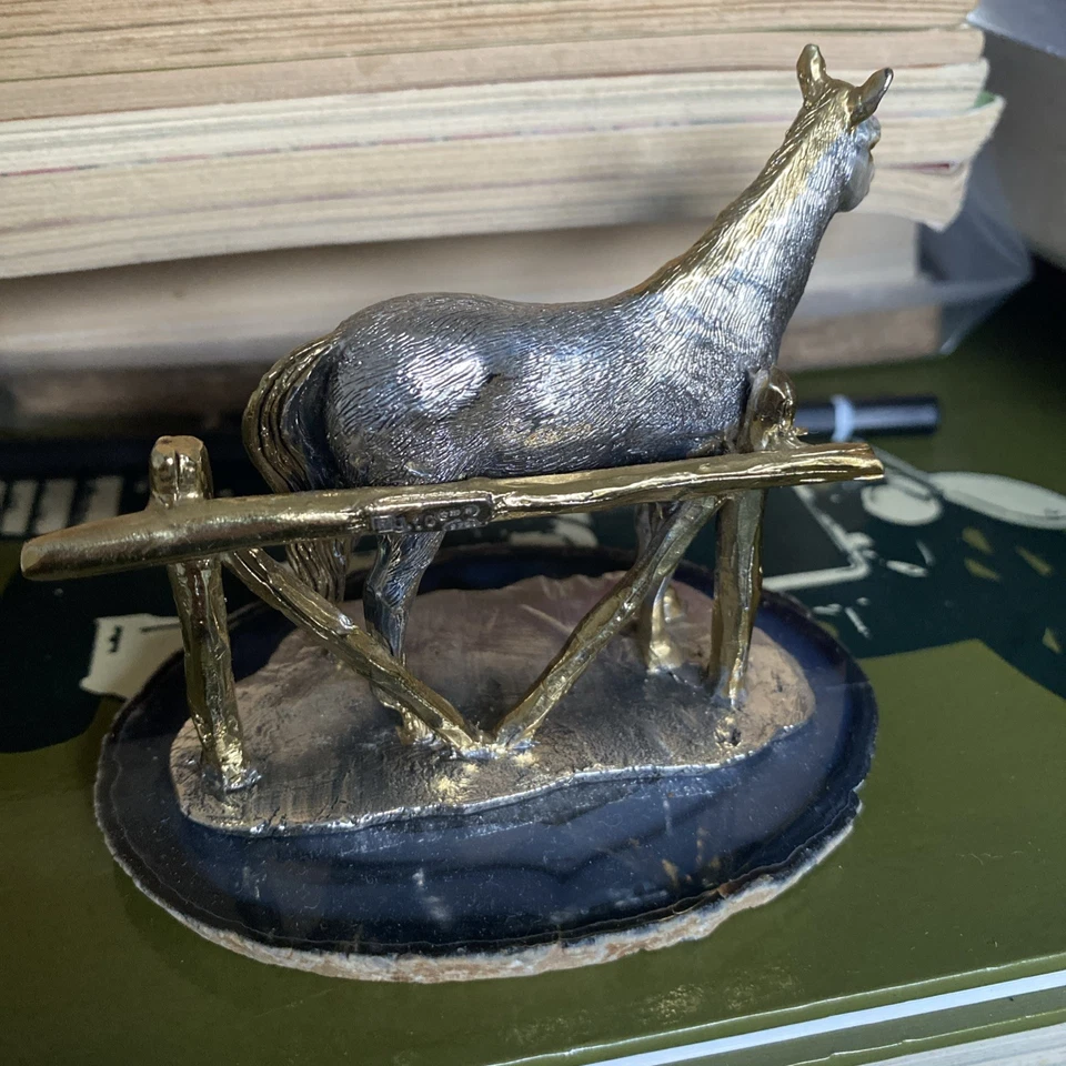 scultura cavallo in argento finiture dorate 925 e pietra d’agata vintage - Immagine 2 di 4