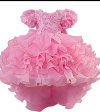 Girls Pink Ball Gown Puff Short Sleeve Hi-Low Dress Bow Ruffle Princess