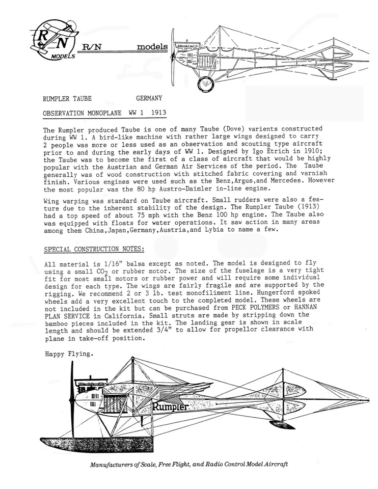 R&N Model Airplane Plans (FF): 1913 Rumpler 'Taube' 25" 1/16 Scale Rubber-Pow'ed - Image 3 of 4