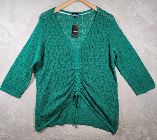 Torrid Top Sweater Plus Sz 2X Green Cotton Blend Crochet 3/4 Sleeves Cute