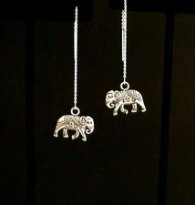 *IAJ* .925 STERLING SILVER Ear Threads Threader Earrings w/ GOOD LUCK ELEPHANT