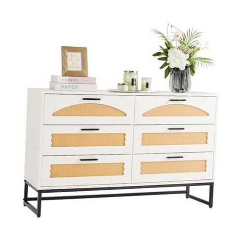6 Drawer Double Dresser for Bedroom, Rattan Chest of Dressers, Modern Wooden