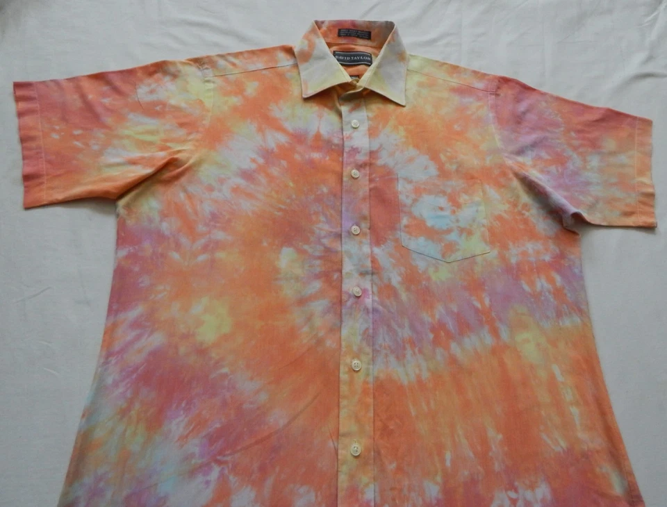 Camisa Tie Dye Rosa Naranja Manga Corta Abotonada - Grande Para Hombre Hecha a Mano 16 Foto 2 de 4