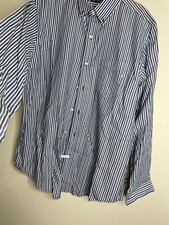 Mens Chaps Dress Shirt Blue White Gray Striped Collared Button Up Size M