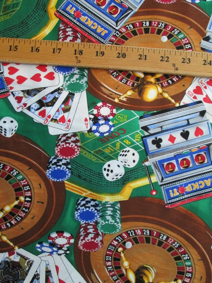 BARAJA DE CARTAS DE RULETA TRAGAMONEDAS FICHAS PÓKER VEGAS JUEGOS TELA DE ALGODÓN FQ Foto 3 de 4