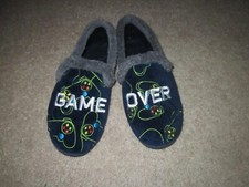 Boys Bedroom Slippers Shoes Navy Plush Soft Video Game Over Hard Soles SZ 4-5