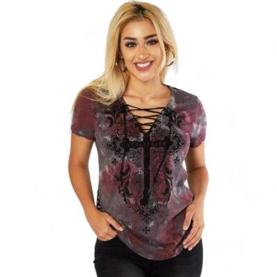 Women's Affliction Sacred Hope Value Wash Stones & Lace Back Y2K T-Shirt XS-XL