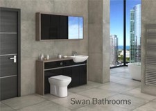 DRIFTWOOD / BLACK GLOSS BATHROOM FITTED FURNITURE WITH WALL UNITS 1600MM