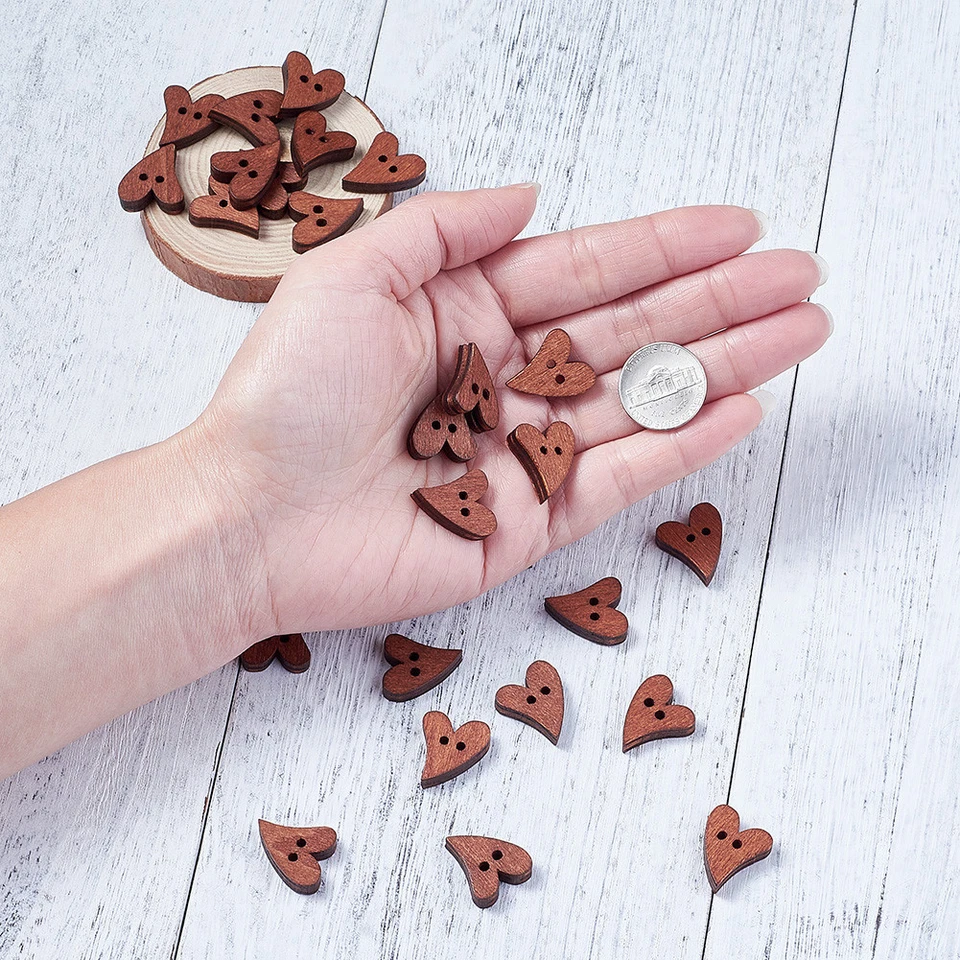 100 Cute Natural Wood Heart Buttons 2-Hole Flat Crafting Pieces Sienna 20x16mm - Image 4 of 4