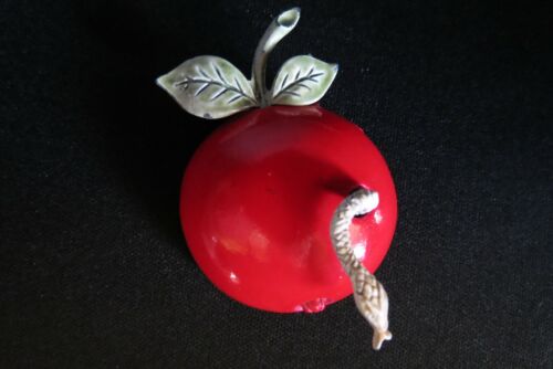 Vtg CORO Signed Red Metal Apple W Worm Articulated BROOCH Pin Nice