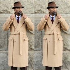 Kahki Cashmere Men's Long Overcoat with Belt Double Breasted Outdoor Warm Coat