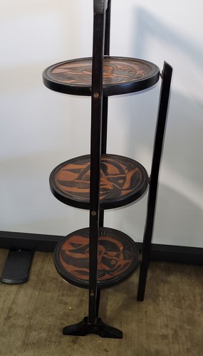 Vintage 3-Tier Solid Wood Round Carved Folding Table Pie Stand Plant Shelf 32" - Picture 7 of 14